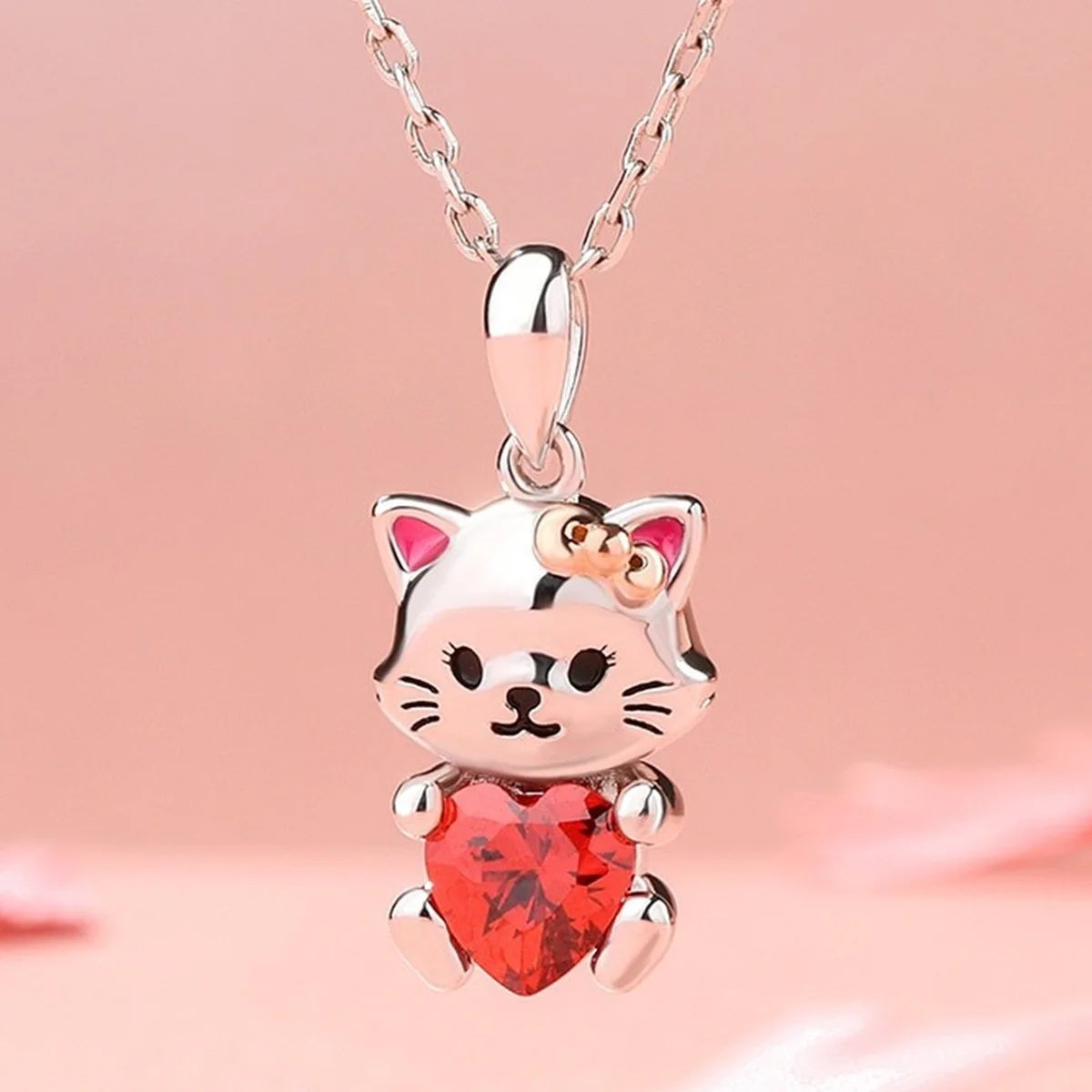 Kitten Necklace Red Heart Crystal — Swuffy