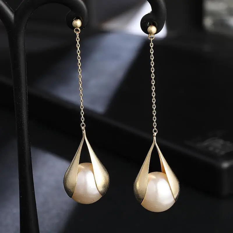 Nuvora Korean Long Dangle Imitation Pearl Drop Earrings — Nuvora