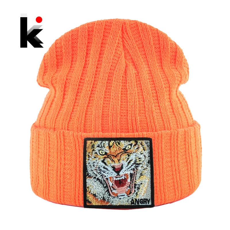Knitted Beanie Hats Embroidery Tiger — Swuffy