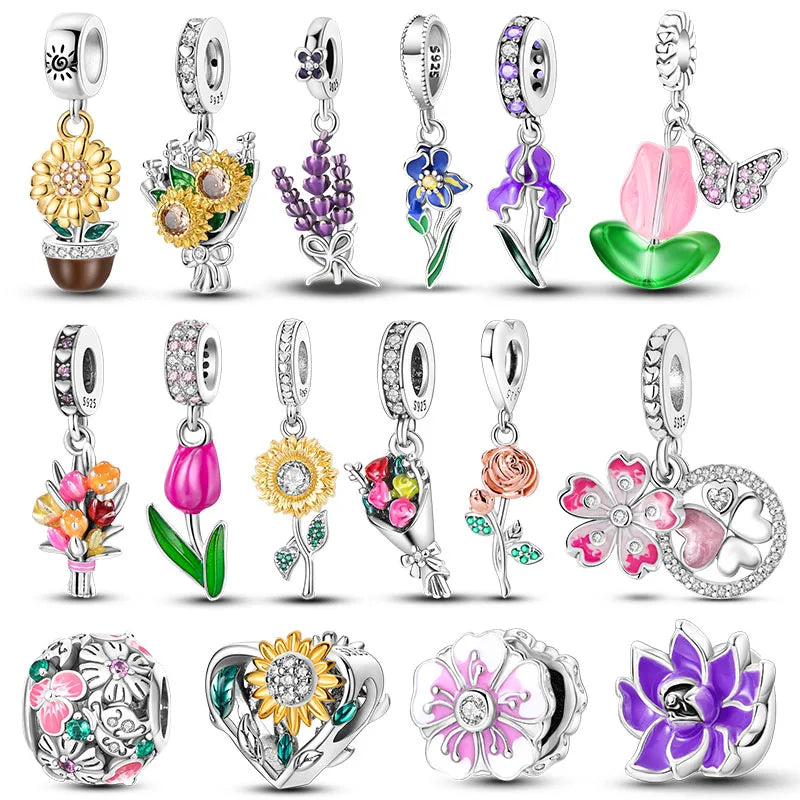 Silver Flower Charms Sunflower Tulip — Swuffy