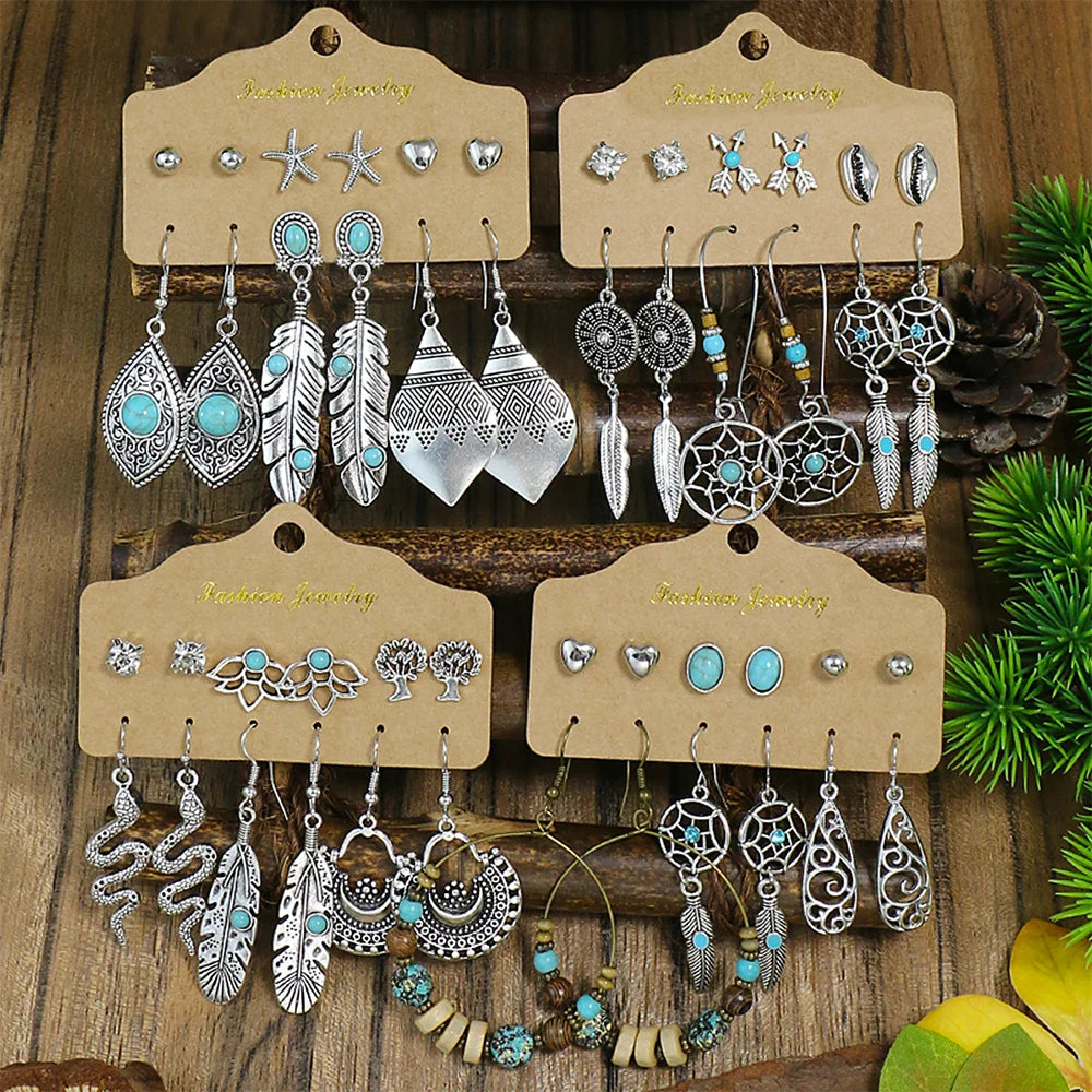 Vintage Turquoise Earrings Geometric Silver — Swuffy