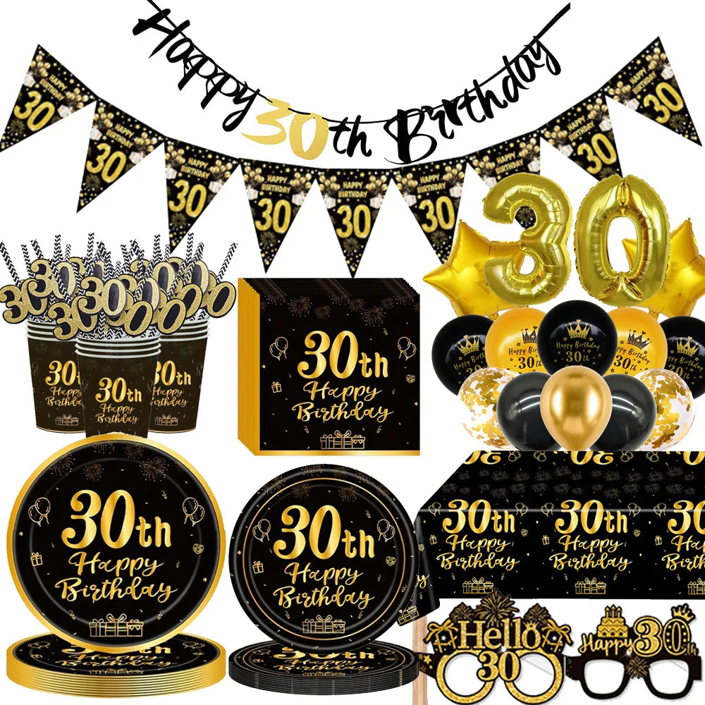 Black Gold Disposable Tableware Birthday — Swuffy