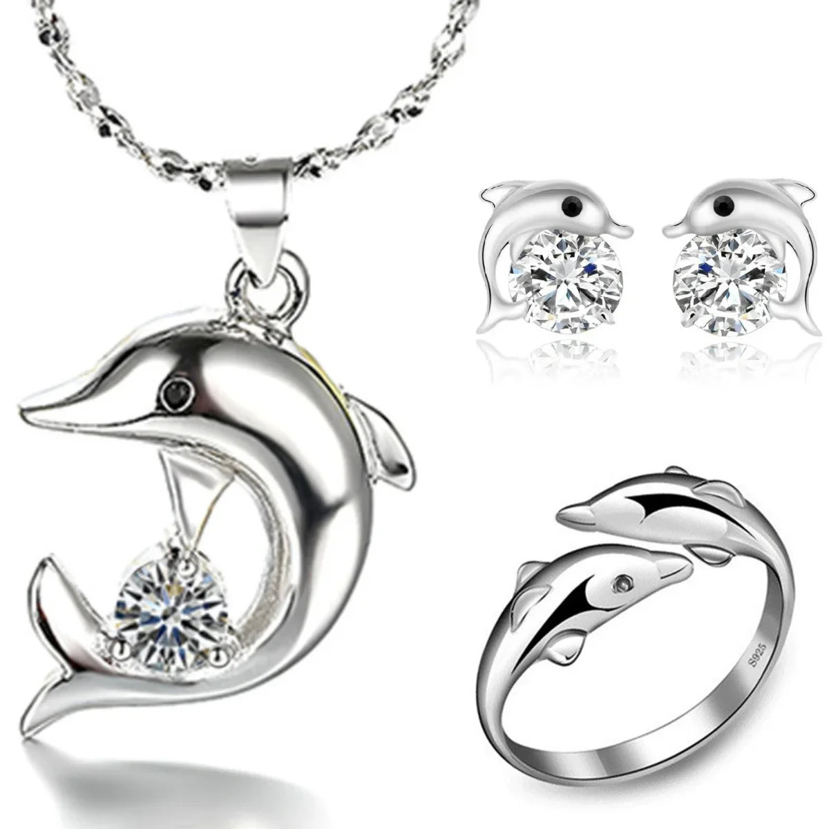 Sterling Silver Dolphin Necklace Earrings — Swuffy