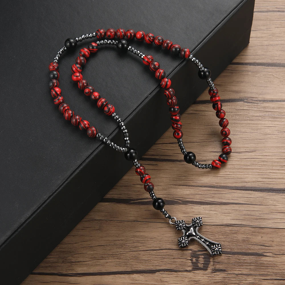 Red Stone Beaded Necklace Cross — Swuffy