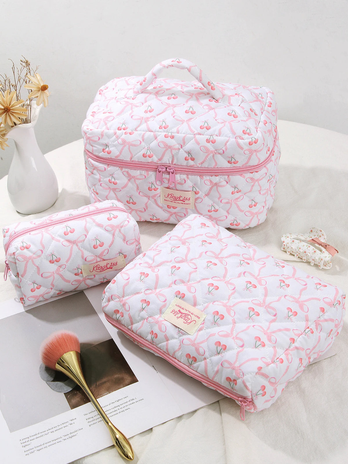 Pink Bow Cherry Quilted Makeup — Swuffy
