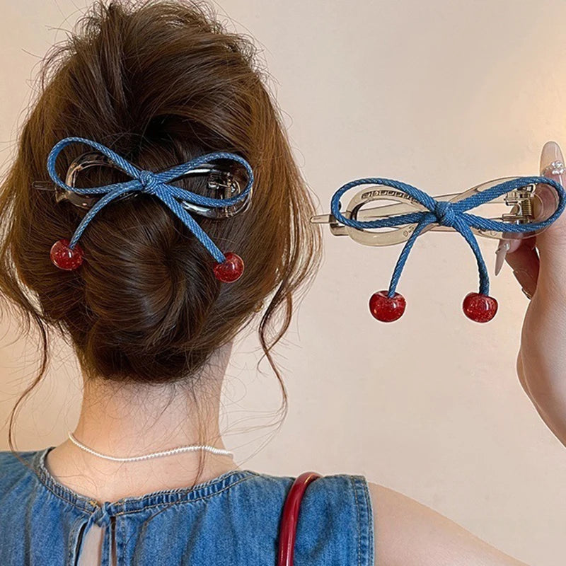 Denim Bow Cherry Twist Hair — Swuffy