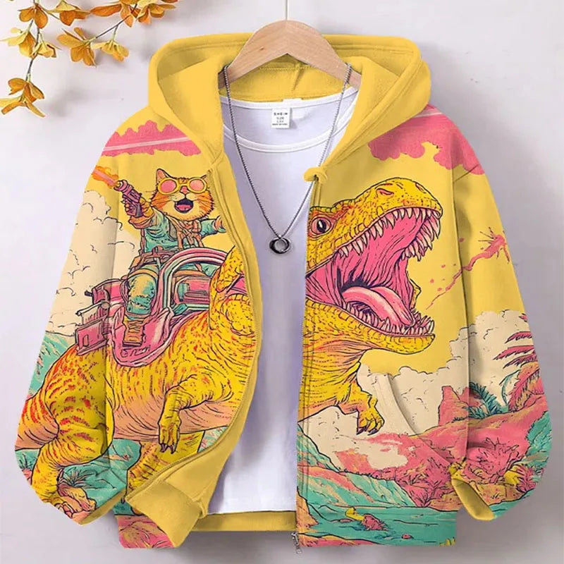 Cartoon Dinosaur Cat Print Hoodie — Swuffy