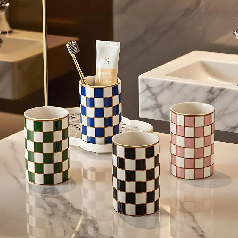 Plaid Ceramic Toothbrush Cup Bathroom — Swuffy