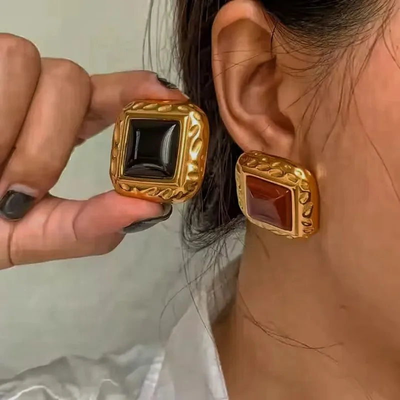Retro Agate Geometric Ear Studs — Swuffy