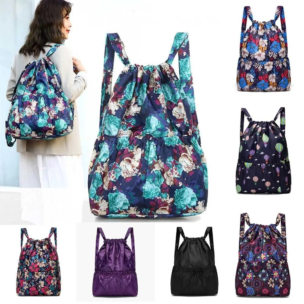 Floral Printed Drawstring Bag Polyester — Swuffy