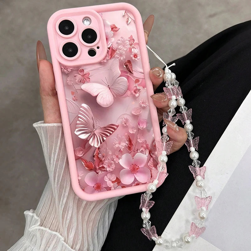 Pink Flowers Butterfly Charm Phone — Swuffy