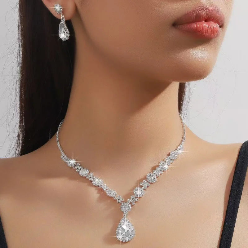 Crystal Droplet Necklace Earrings Wedding — Swuffy