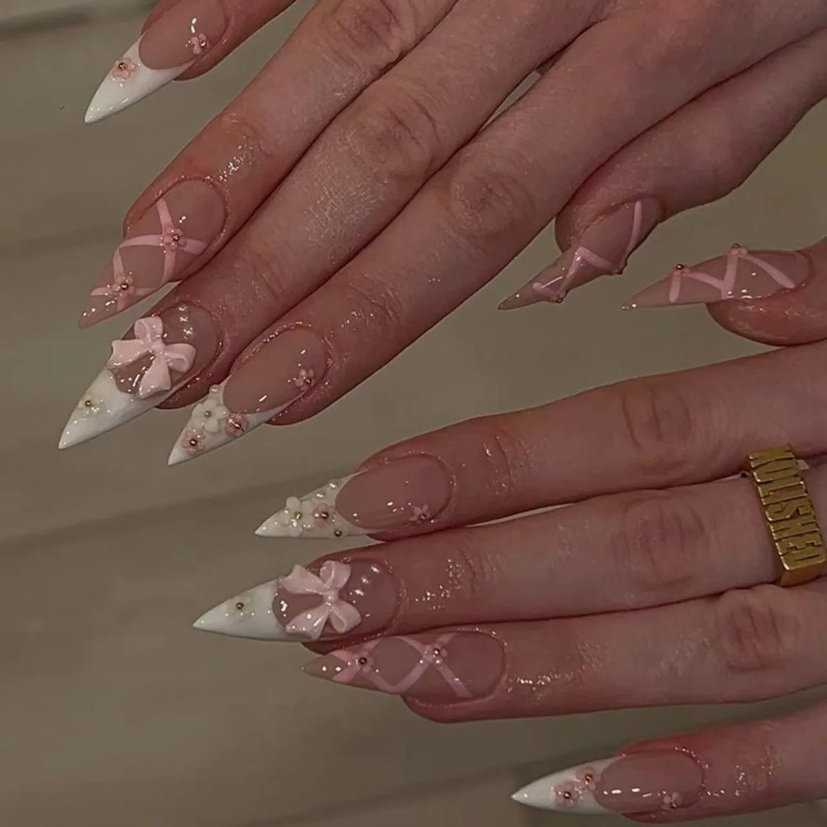 Bow False Nails White French — Swuffy