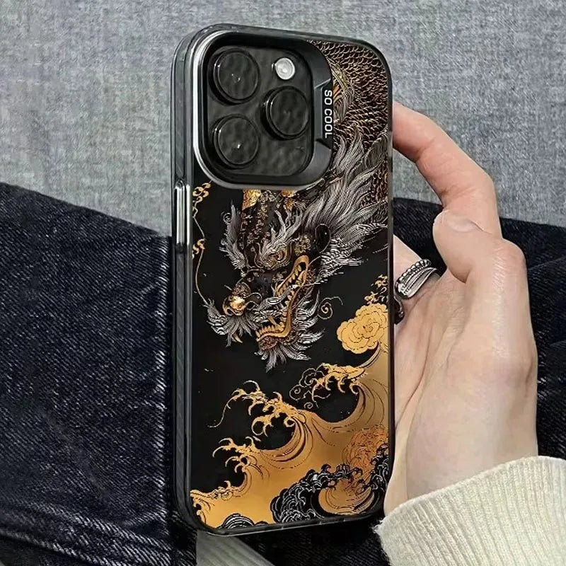 Black Golden Dragon Pattern Phone — Swuffy