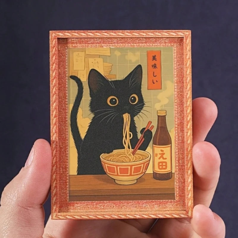 Framed Black Cat Eating Ramen — Swuffy