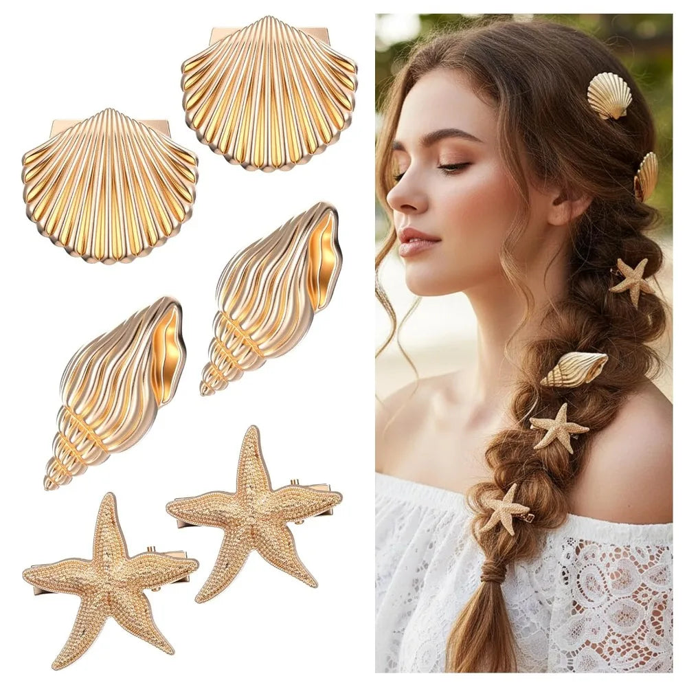 Nuvora Golden Seashell Starfish Hair Clips Metal Beach — Nuvora