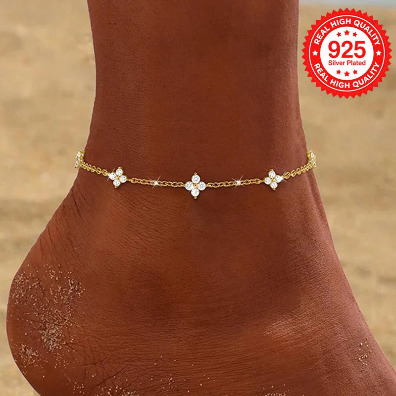 Silver Plated Clover Zircon Anklet — Swuffy