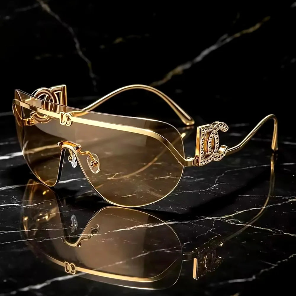 Oversized Shield Sunglasses Gold Metal — Swuffy