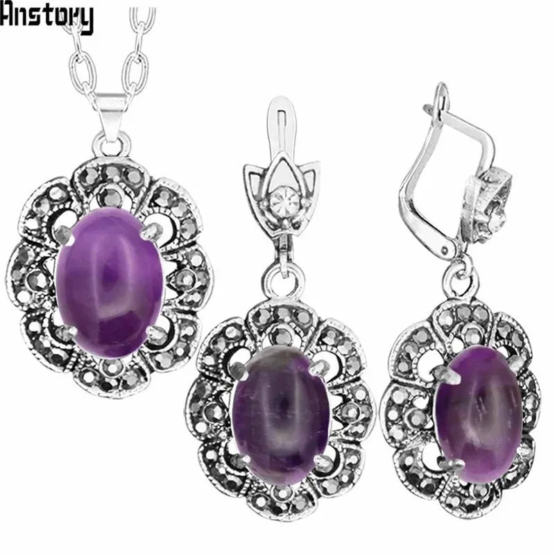Nuvora Natural Amethysts Necklace Earrings Jewelry Set Rhinestone — Nuvora
