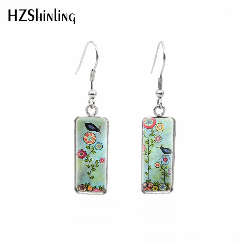 Folk Art Birds Rectangular Earring — Swuffy