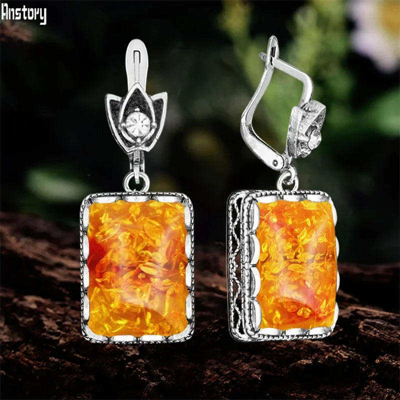 Oblong Synthetic Ambers Earrings Antique — Swuffy